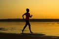 Silhouette of a young beautiful girl is running along the seashore on the orange sunset background Royalty Free Stock Photo