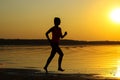 Silhouette of a young beautiful girl is running along the seashore on the orange sunset background Royalty Free Stock Photo