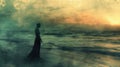 Silhouette of young beautiful woman standing while looking at sea at sky. AIG42. Royalty Free Stock Photo