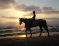 Silhouette of a young boy riding a horse at sunset on a sandy beach under a cloudy warm sky