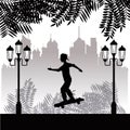 Silhouette young boy skater park twon background Royalty Free Stock Photo