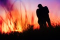 Silhouette of a young couple kissing at sunset Royalty Free Stock Photo