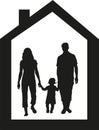 Silhouette of a young family with child in the house, vector illustration. Buying your own home. Protection in your own home Royalty Free Stock Photo