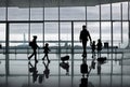 Silhouette of young family with luggage walking at airport, girl showing something through the window Royalty Free Stock Photo