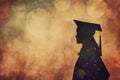 Silhouette Of Young Female Student in graduation cap on vintage blurred background, empty space banner Royalty Free Stock Photo