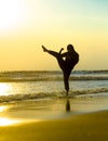 Silhouette of young fit Muslim woman covered in Islam hijab head scarf training martial arts karate kick attack and fitness