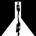 Silhouette of a young girl with a beautiful and slim figure in a doorway is featured in a minimalist fashion