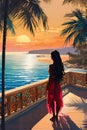 Silhouette of a young girl with long curly hair, standing alone at a balcony, looking to the sea at sunset, with palm tree Royalty Free Stock Photo