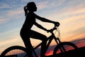 People active, sport, nature concept. Young girl sitting on a bicycle over beautiful sunset background. Royalty Free Stock Photo