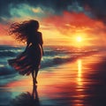 A silhouette of a young girl, walking alone at a beach on sunset, long hair, blown by the wind, mysterious, vintage, painting Royalty Free Stock Photo
