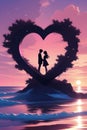 A silhouette of a young lovers inside a big love sign, beautiful beach with pink cotton sunaet, gentle waves, digital anime art Royalty Free Stock Photo