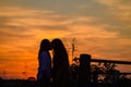 Silhouette of a young loving couple kissing at sunset, in the countryside Royalty Free Stock Photo
