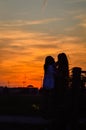 Silhouette of a young loving couple kissing at sunset, in the countryside Royalty Free Stock Photo