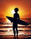 Silhouette of young male surfer with surfboard standing at the beach and looking at summer sunset on the horizon, generative ai