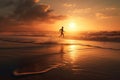 silhouette of a young Man running on the beach at sunrise generative AI Royalty Free Stock Photo