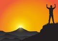 Silhouette of man on the cliff with fists raised up on golden sunrise background, successful, achievement and winning concept