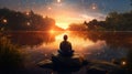 Silhouette of a young person meditating at sunset at the lakeshore, sitting near water in a magical landscape. Generative AI Royalty Free Stock Photo