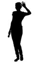 Silhouette of a young slender girl in trousers with a microphone in hand, isolated on background