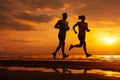 Silhouette of young sporty couple - man, woman jogger running on sunset beach. pair jogging on sea coast, sunrise. female jogging