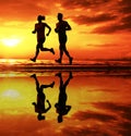 Silhouette of young sporty couple - man, woman jogger running on sunset beach. pair jogging on sea coast, sunrise. female jogging