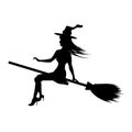 Silhouette young witch flying to broom isolated on white background. Vector