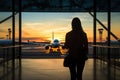 Silhouette of young woman in the airport, looking through the window at planes Royalty Free Stock Photo