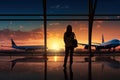 Silhouette of young woman in the airport, looking through the window at planes Royalty Free Stock Photo