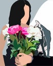 Silhouette of a young woman with a bouquet of flowers in her hands and with a cat. Royalty Free Stock Photo