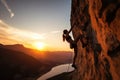 Silhouette of a young woman climbing a challenging route on a cliff against a sunset sky, Athletic Woman climbing on overhanging Royalty Free Stock Photo