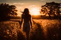 Silhouetted Young Woman Walks Into Beautiful Sunset Royalty Free Stock Photo