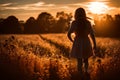 Silhouetted Young Woman Walks Into Beautiful Sunset