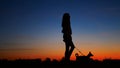 Silhouette young woman with a dog against the sky at sunset. Royalty Free Stock Photo
