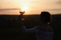 The silhouette of a young woman drinking wine in a sunset Royalty Free Stock Photo