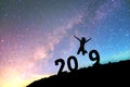 Silhouette young woman Happy for 2019 new year background on th Royalty Free Stock Photo