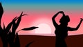 Flat illustration Silhouette of a young woman with hat,leaves and beautiful sunset Royalty Free Stock Photo