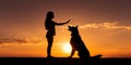 A silhouette of a young woman and her pet German Shepherd Mix Dog shaking hands at sunset Royalty Free Stock Photo