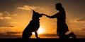 A silhouette of a young woman and her pet German Shepherd Mix Dog shaking hands at sunset Royalty Free Stock Photo