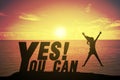 Silhouette young woman jumping and raising up her hand about happy concept on YES YOU CAN text Royalty Free Stock Photo