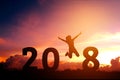 Silhouette young woman jumping to 2018 new year Royalty Free Stock Photo