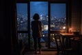 Silhouette of young woman looking at night city through the window Royalty Free Stock Photo