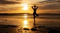 Silhouette of a young woman practicing yoga on the beach. Sunset background. Harmony concept. Generative AI Royalty Free Stock Photo