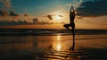 Silhouette of a young woman practicing yoga on the beach. Sunset background. Harmony concept. Generative AI Royalty Free Stock Photo
