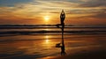 Silhouette of a young woman practicing yoga on the beach. Sunset background. Harmony concept. Generative AI Royalty Free Stock Photo