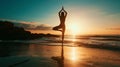 Silhouette of a young woman practicing yoga on the beach. Sunset background. Harmony concept. Generative AI Royalty Free Stock Photo