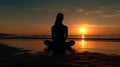 Silhouette young woman practicing yoga on the beach at sunset, Meditation. AI Generative Royalty Free Stock Photo