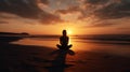 Silhouette young woman practicing yoga on the beach at sunset, Meditation. AI Generative Royalty Free Stock Photo