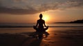 Silhouette young woman practicing yoga on the beach at sunset, Meditation. AI Generative Royalty Free Stock Photo