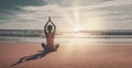 Silhouette young woman practicing yoga on the beach at sunset. Yoga and meditation on the calm peaceful beach at sunset. Fitness a Royalty Free Stock Photo