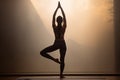 Silhouette of a young woman practicing yoga in the morning, Young woman practicing yoga in the Natarajasana position, rear side