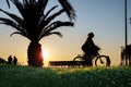 Silhouette of a young woman riding the bike at seaside park at sunset with field foreground Royalty Free Stock Photo